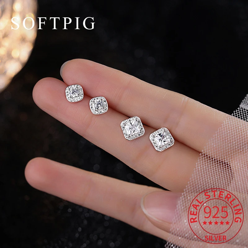 SOFTPIG Real 999 Sterling Silver Shiny Zircon 9/6mm Square Mini Stud Earrings for Women Classic Luxury Fine Jewelry Summer 2024