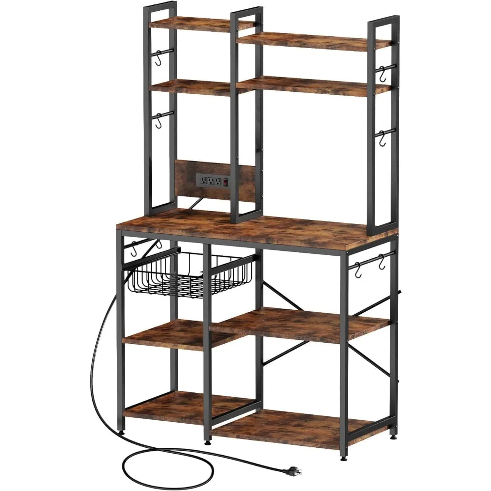 

6-Tier Kitchen Baker's Rack with Power Outlet, Microwave Stand and Coffee Bar Featuring 12 S-Hooks