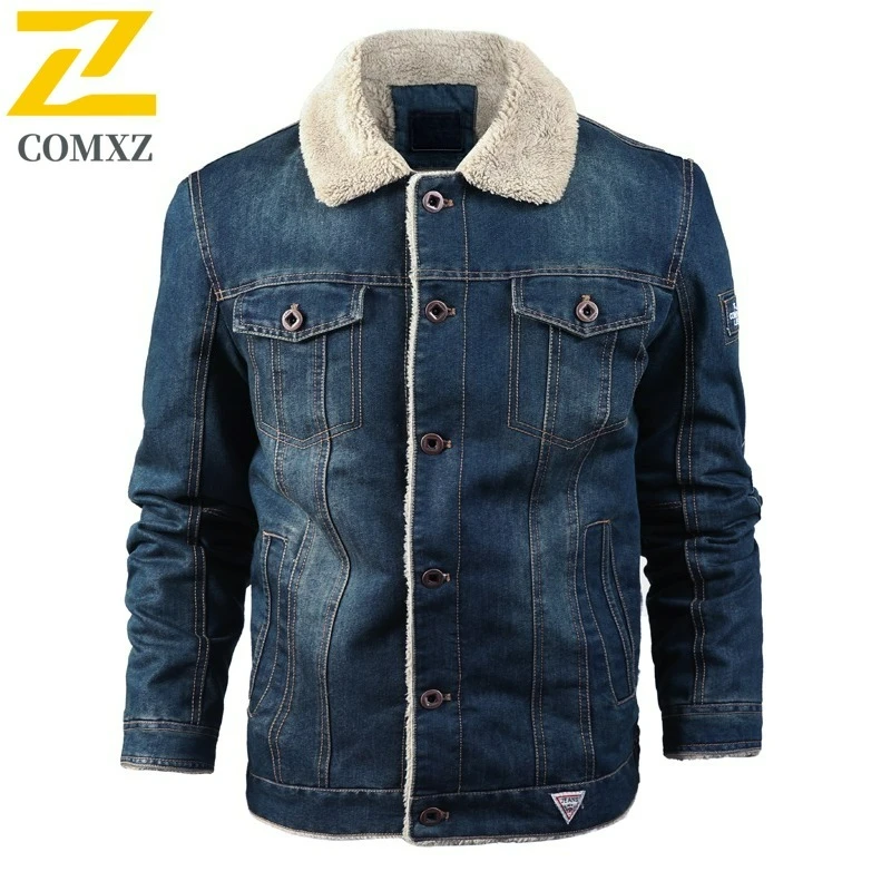 رجل صوف الضأن القطن مبطن الدنيم سترة الخريف الشتاء الصوف سميكة الدافئة شيرلينغ طوق ملابس خارجية الشارع الشهير معطف خمر