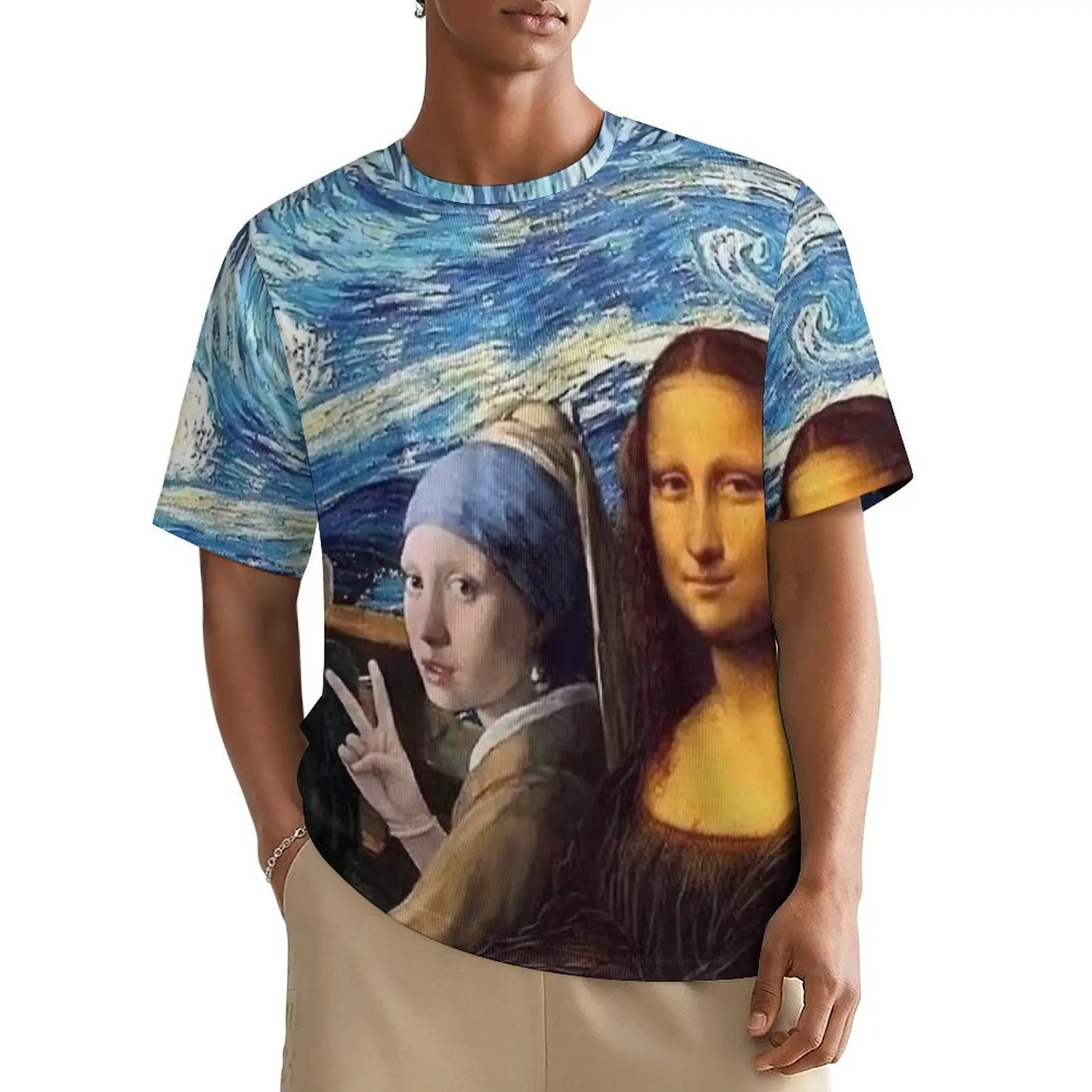 Plus Size T Shirt Premium Van Gogh T Shirts Mona Lisa Girl with A Pearl Earring Funny O Neck Tee Shirt Men Harajuku Top Tees