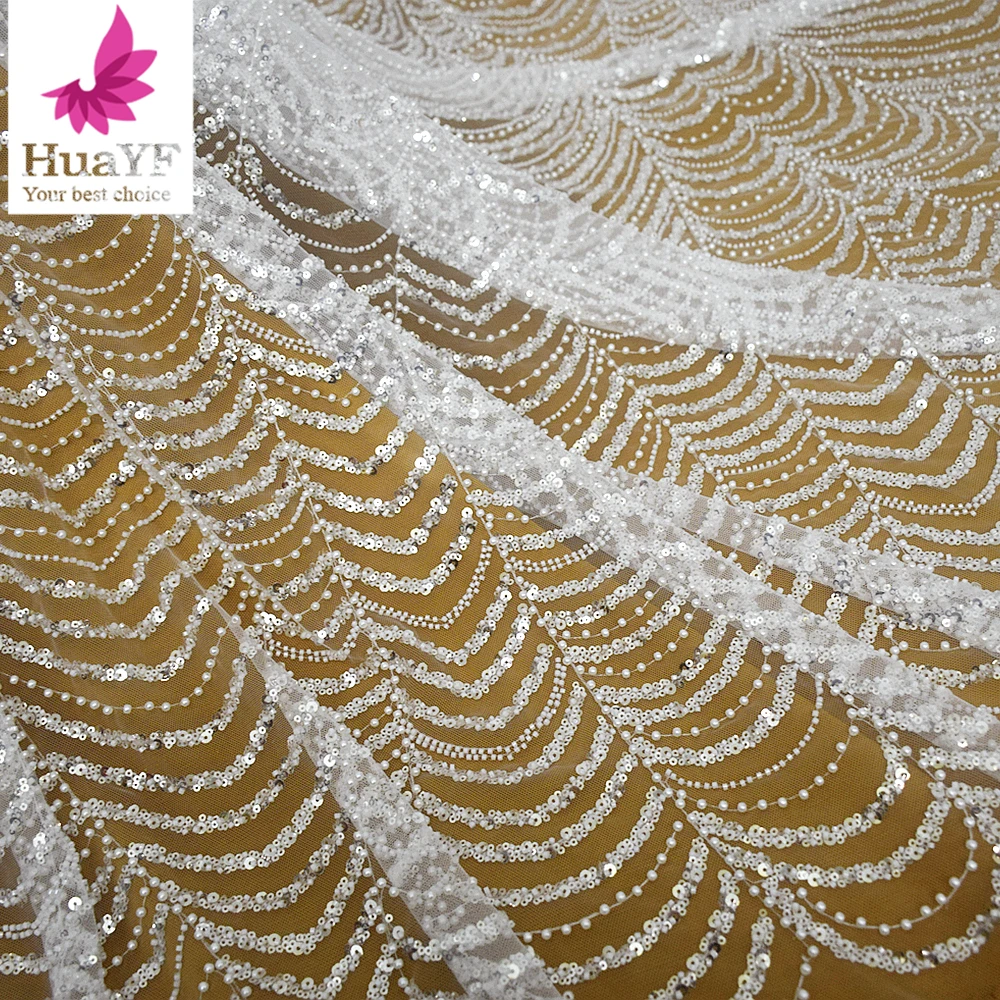 

High Quality Dubai Off White Luxury Beads Pearl Lace Fabric for Women Evening Dresses with Sequins Lace 5 Yards HY2743