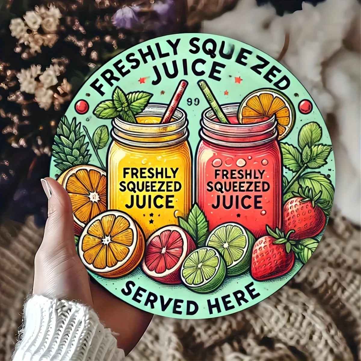 2D Flat Metal Iron Sign Freshly Squeezed Juice Sign  Round Vintage Wall Decor with Citrus and Strawberry