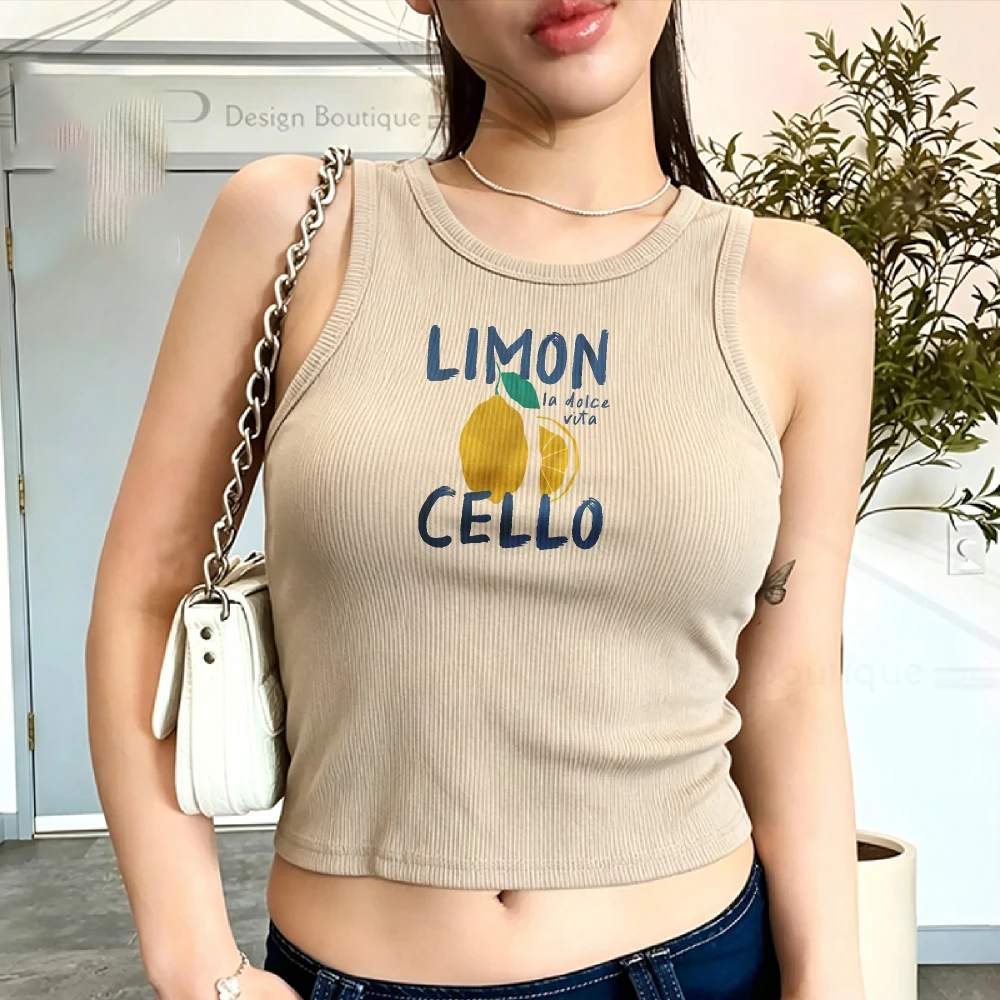 Hand Drawn Limon Cello Lemon Letter Printed Crop Camisole Vintage Y2k Top Bodycon Ribbed Tank Top Female Sleeveless Cropped Vest
