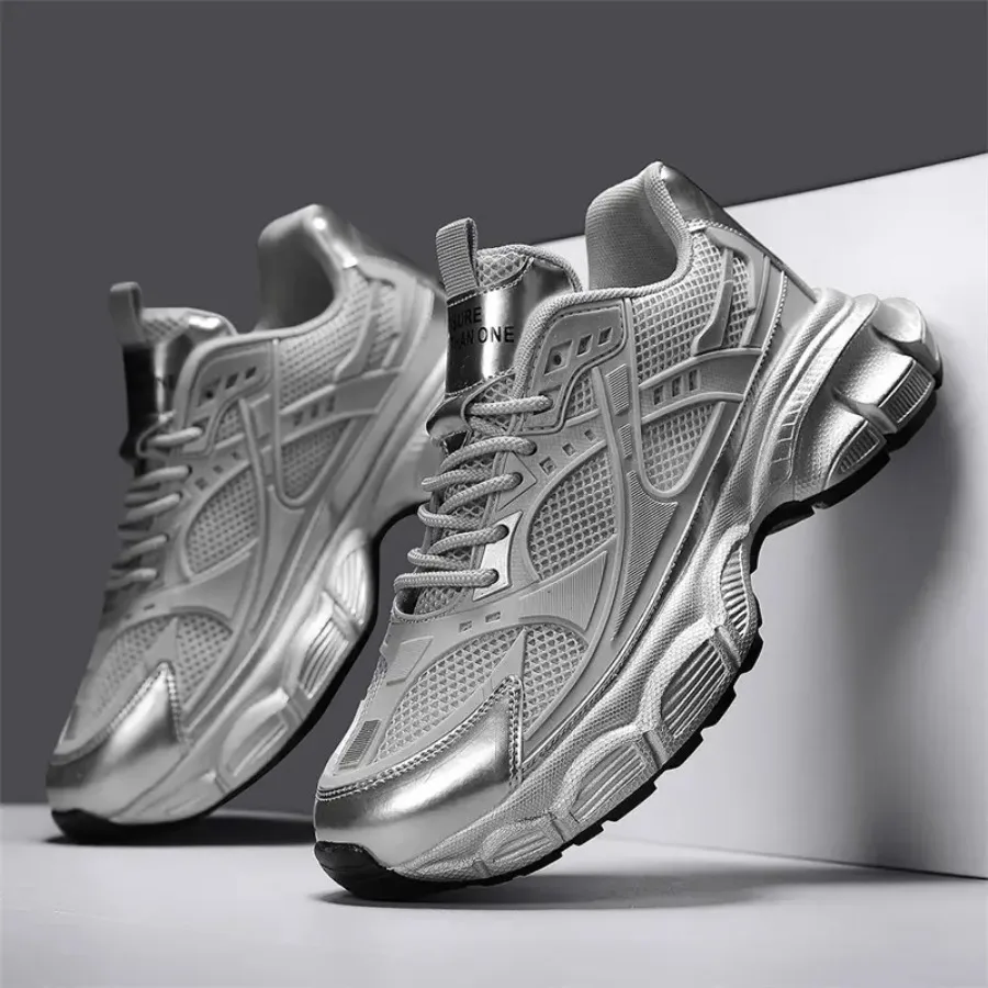 

Men's Casual Dad Shoes Silvery Trendy Design Mesh Patchwork Upper Thick Sole for Height Increase and Cushioning Versatile Men's