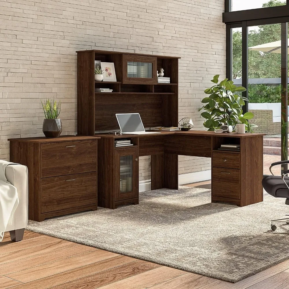 Modern Walnut 60W L-Shaped Desk with Hutch and File Cabinet