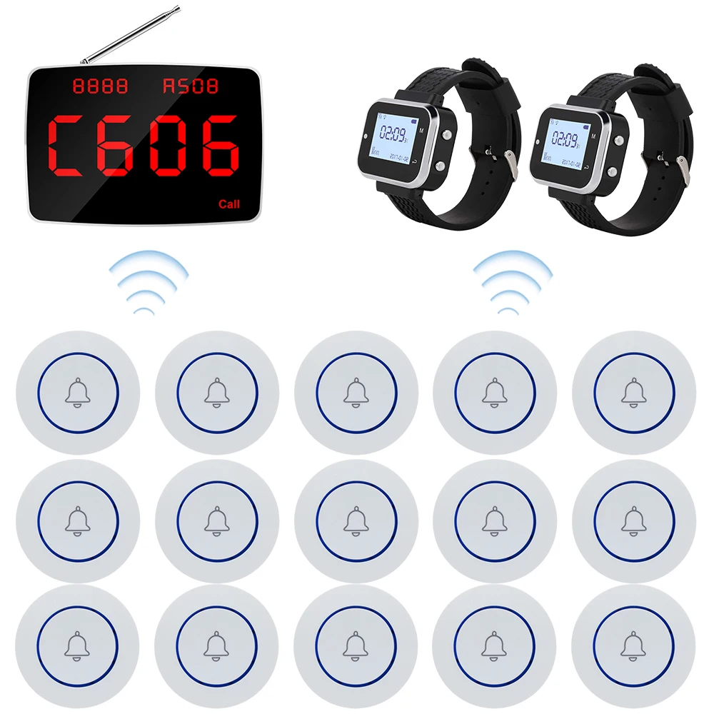 High Quality 15 Table Call Buttons 1 Display Receiver 2 Waiter Watch Pager for Restaurant Bar, Wireless Waiter Calling System