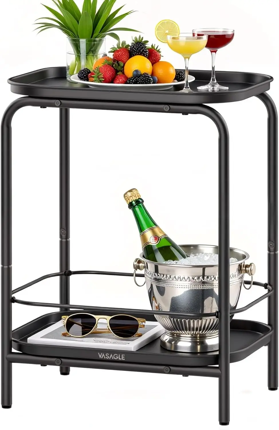 

2-Tier Outdoor Table, Small Side Table with Tray Storage, Modern Ink Black Nightstand for Living Room & Bedroom