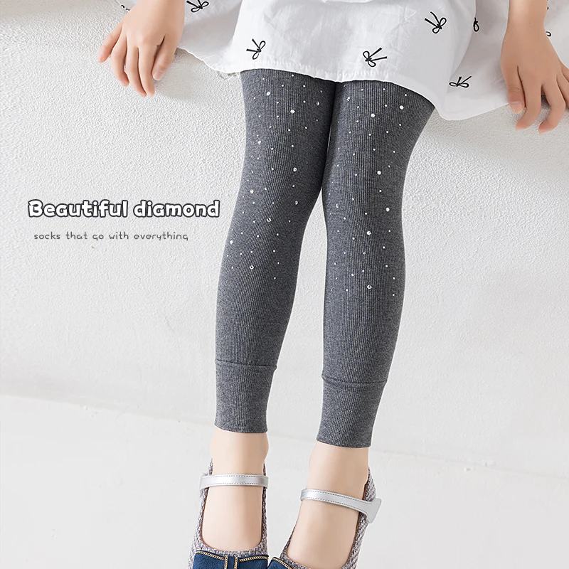 Comfort Stretch Sweet Girls Slim Nine-Point Pants Delicate Solid Color Full Starry Shiny Rhinestone Ornament Breathable Leggings