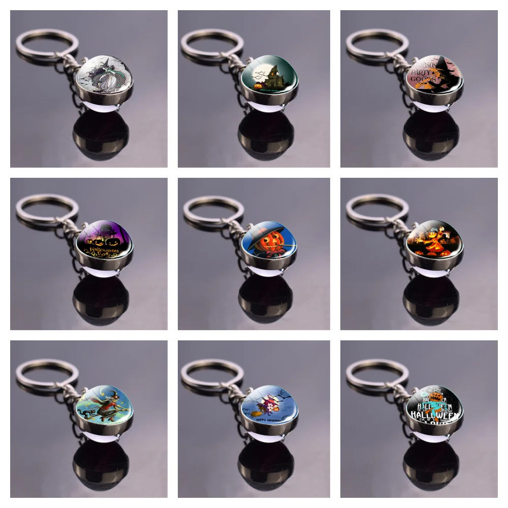 Pumpkin Lantern Witch with Broom Keyfob Black Cat and Bat Picture Glass Ball Keychain Keyring Pendant Halloween Party Jewelry