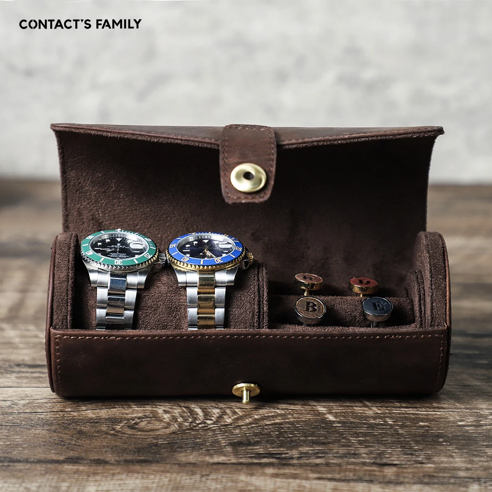 

CONTACT'S FAMILY Men Leather Case for Watch Ring Cufflink Outdoor Travel Storage Pouch Organizer Jewelry Box Holder