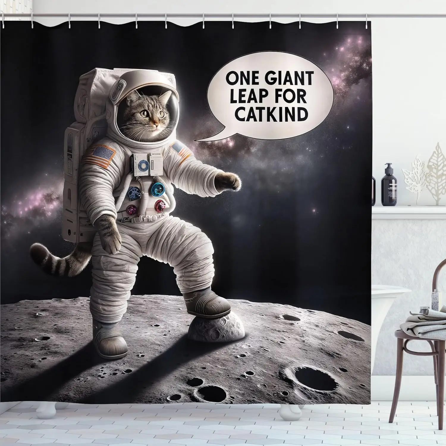 

Занавеска для душа с изображением кота, химерный астронавт, котенок, ступающий на луне, первые слова в пузырьке речи, набор тканевых декораций для ванной комнаты