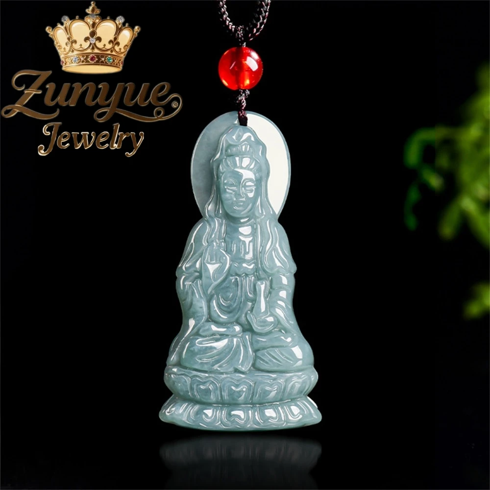 

Genuine Natural A-grade Jadeite Blue Water Pure Bottle Guanyin Bodhisattva Pendant Ice-type Jadeite Pendant For Men And Women