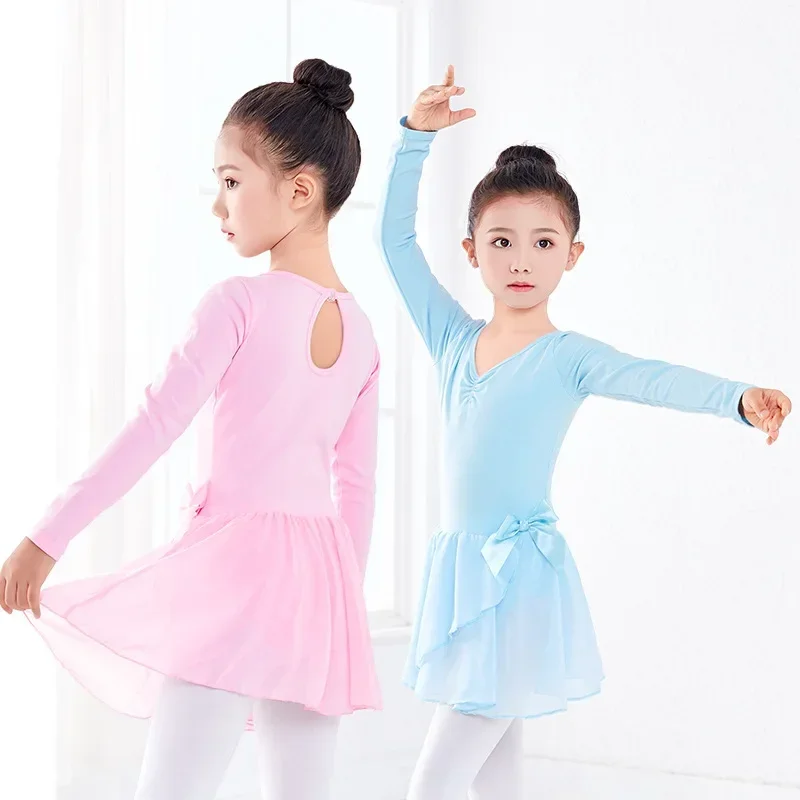 1 pz/lotto ragazze balletto danza body Dancewear cotone maniche lunghe vestito da ballo di balletto con Set di Chiffon abbigliamento Ballerina