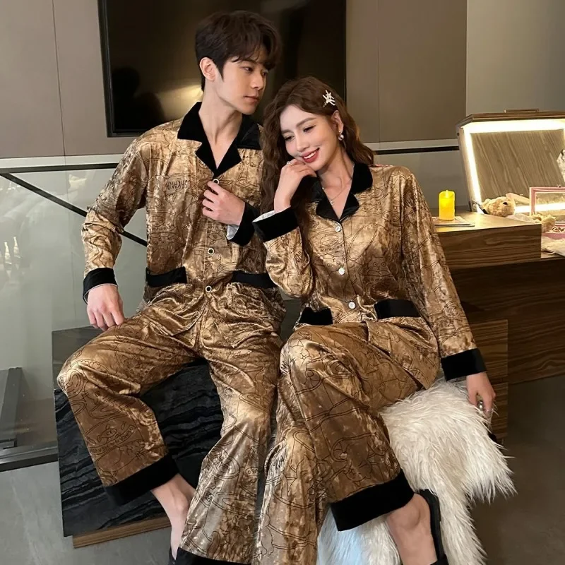 2024 New Gold Velvet Couple Pajamas Spring Autumn Women High-Grade Long Sleeve Thin Sleepwear Set Men Loose Casual Homewear Suit