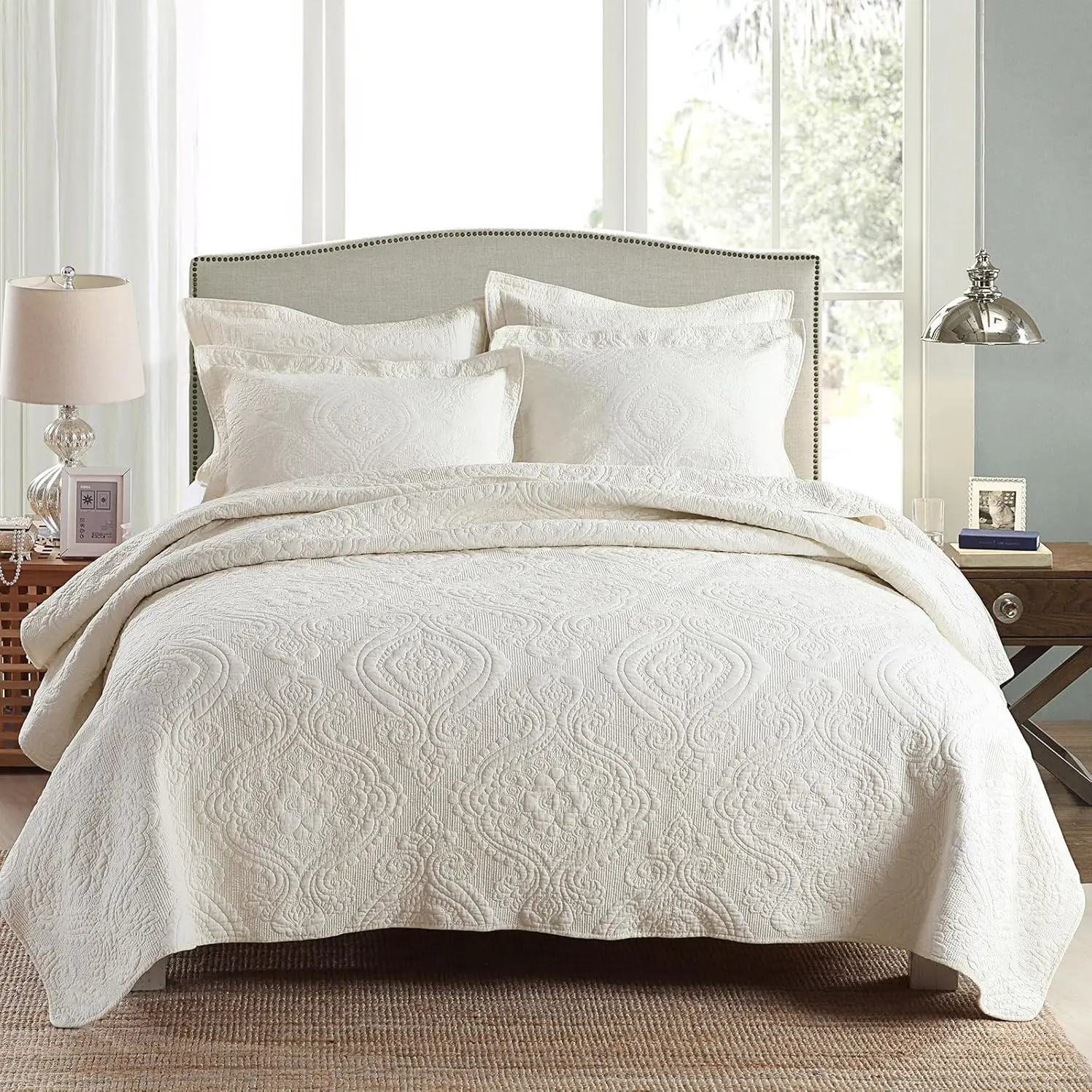 

3 Piece Quilt Set King Size Bedspread Coverlet Set Beige/Cream Paisley Pattern Quilt Bedding Set, Cotton Lightweight Bed Cover w