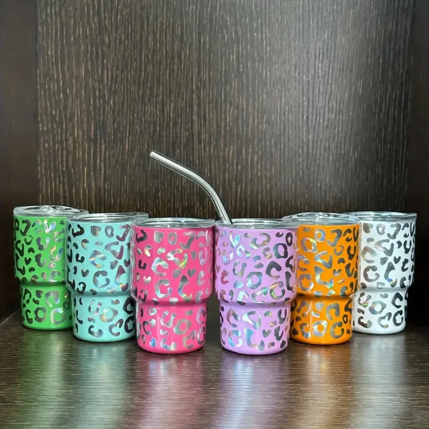 2PCS  3oz Leopard Sublimation Tumble Whiskey Wine Stainless Steel Vacuum Insulation Cup Car Mini Coffee Cup With Straw Party Gif