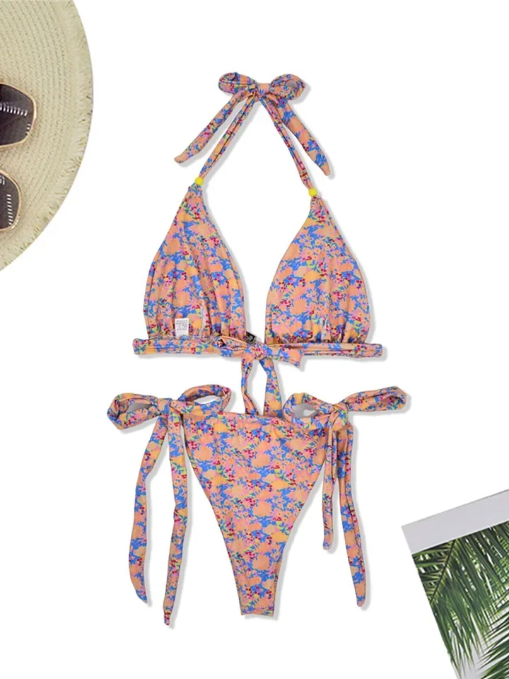 S - XL Floral Printed Halter Strappy Bikini Female Swimsuit Women Swimwear Two-pieces Bikini set