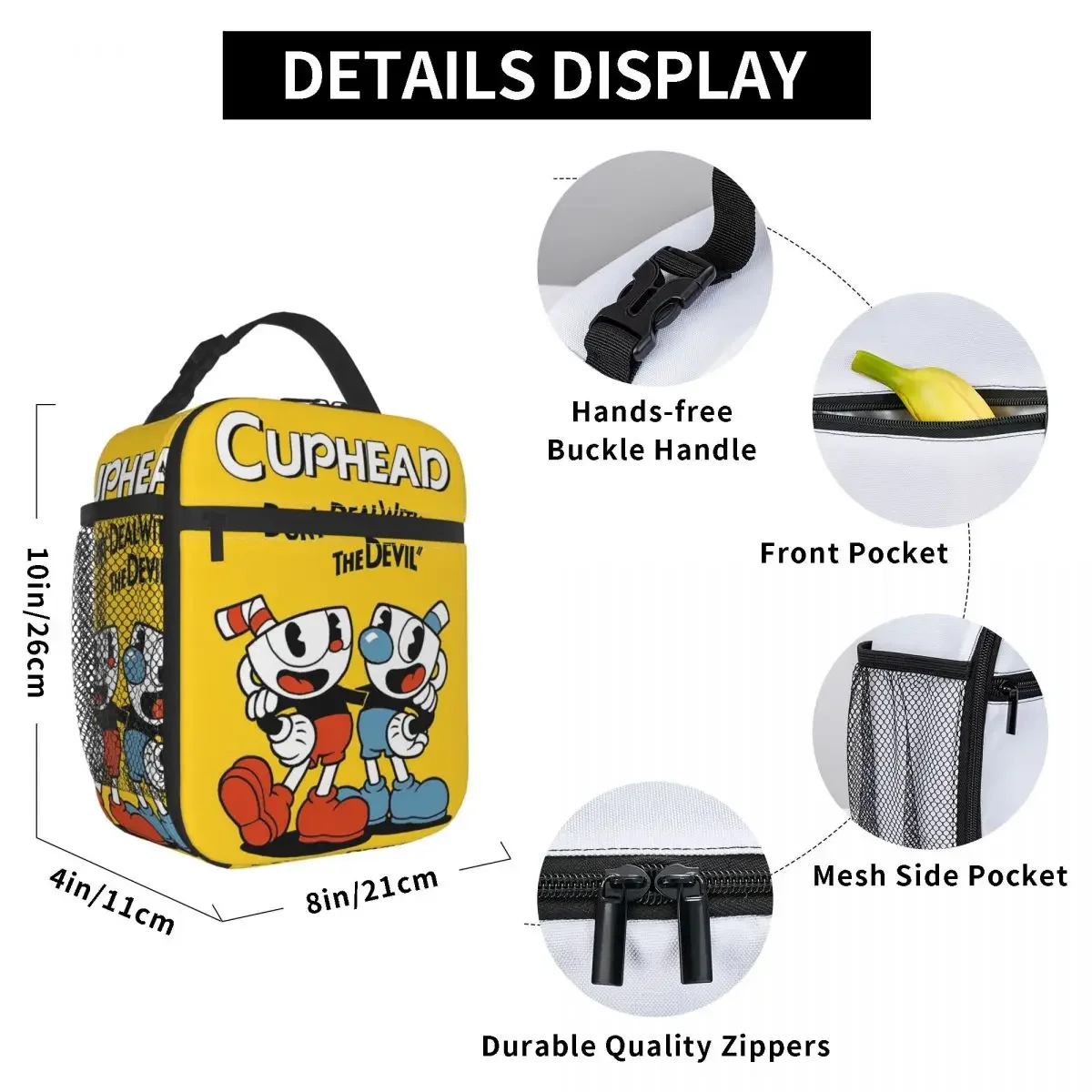 Cuphead-Isolados de Alta Capacidade Lunch Bags, Grande Jogo Retro Meal Container, Cooler Bag, Tote Lunch Box, Trabalho e Viagem Bento Pouch