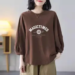 Women Trendy Letter Print Simple Casual All Match Basic T-shirt Y2K Vintage Lantern 3/4 Sleeve Loose Cotton Tops Ropa Para Mujer