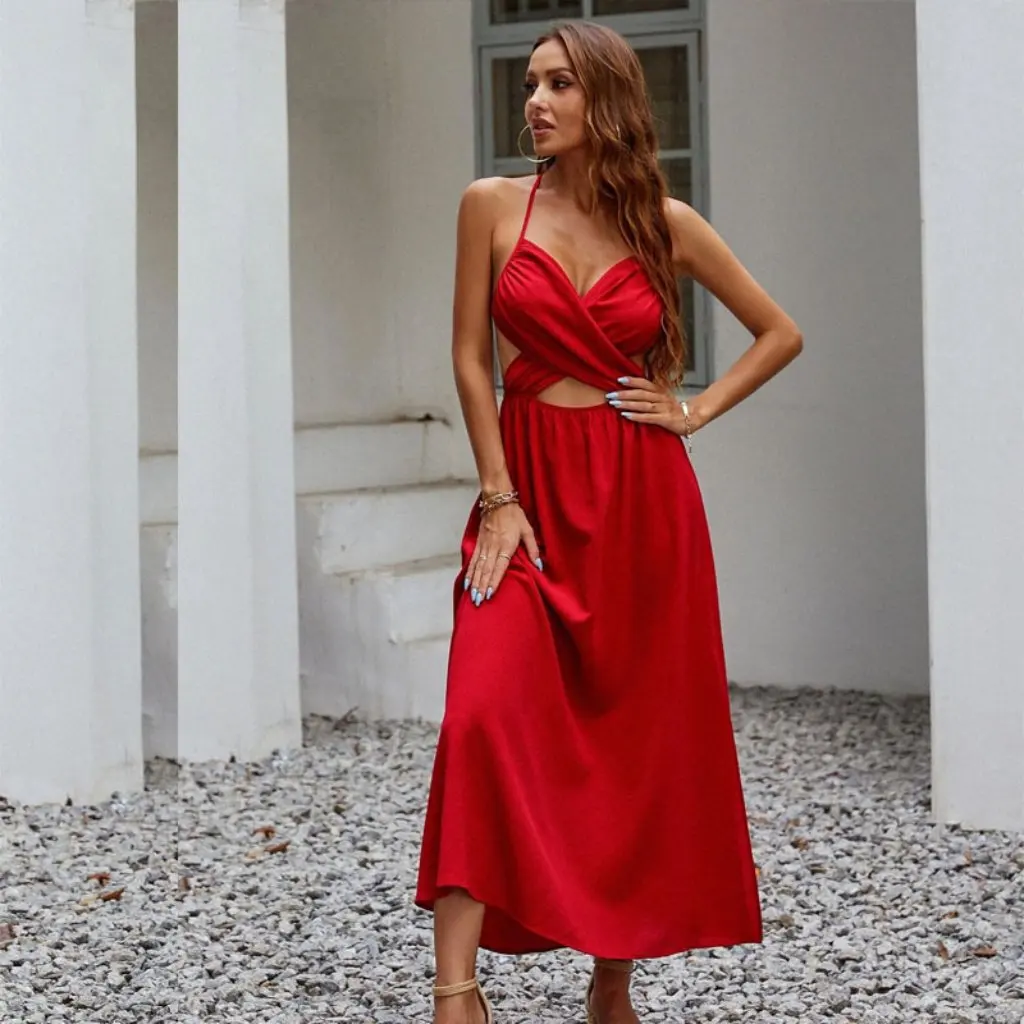 Sommer Europäisch Amerikanisch Retro Französisch Satin Rückenfrei Abschlussball Meer Urlaub High-End Sexy Kleid Damenmode