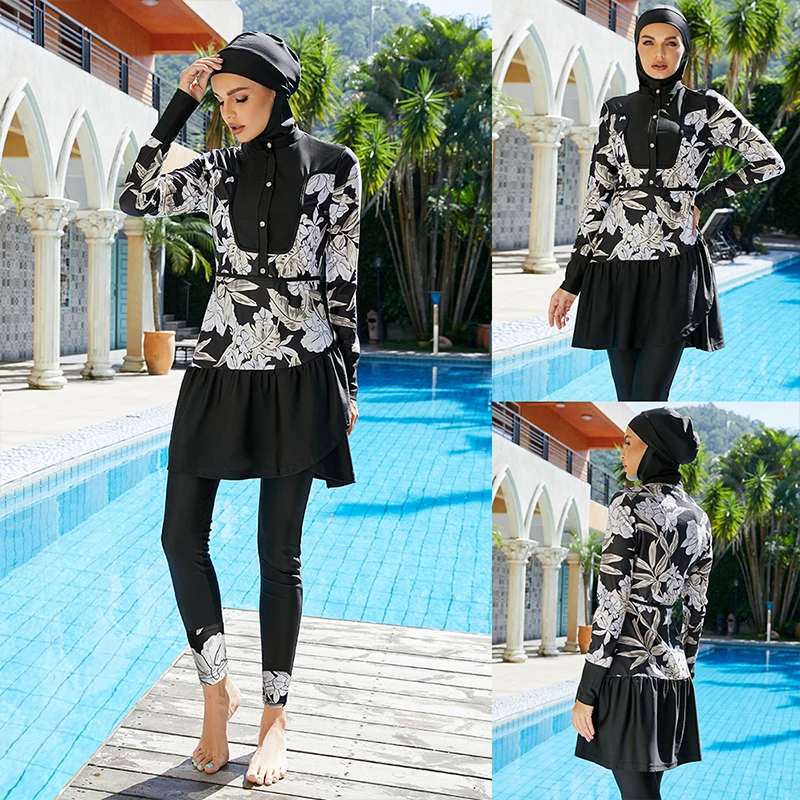 Burkini Muslim Women\'s Swimwear Covers, Three-Piece Printed Sunscreen, High Stretch, All surrounding, Summer, New