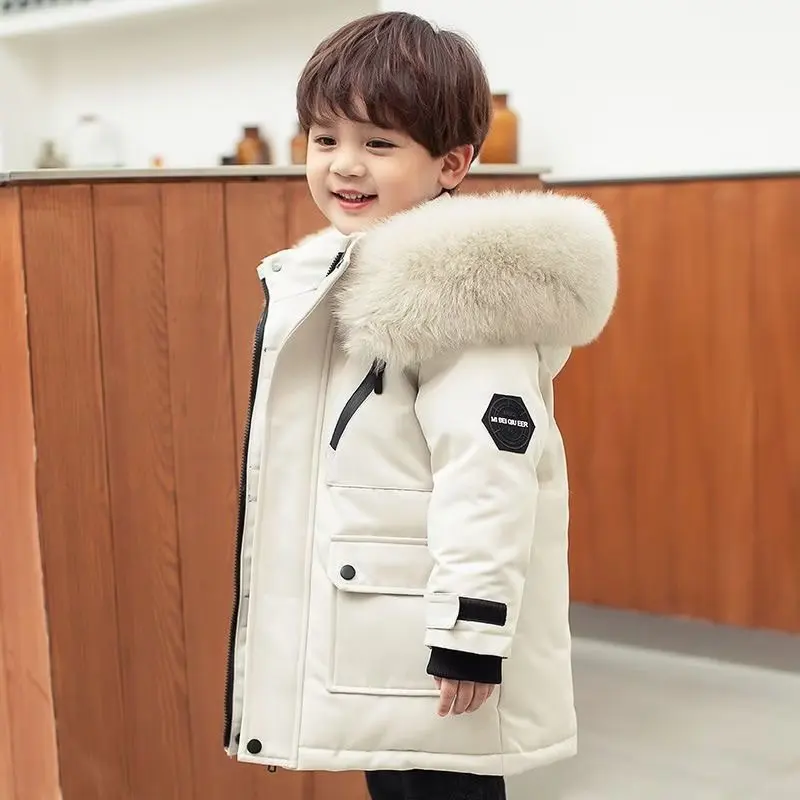 New -30 Boys Faux Fur hooded  Down Jacket winter Thick Warm Outerwear Boys Kids Parka  Winter snowsuit Teenage 10 12 14 years