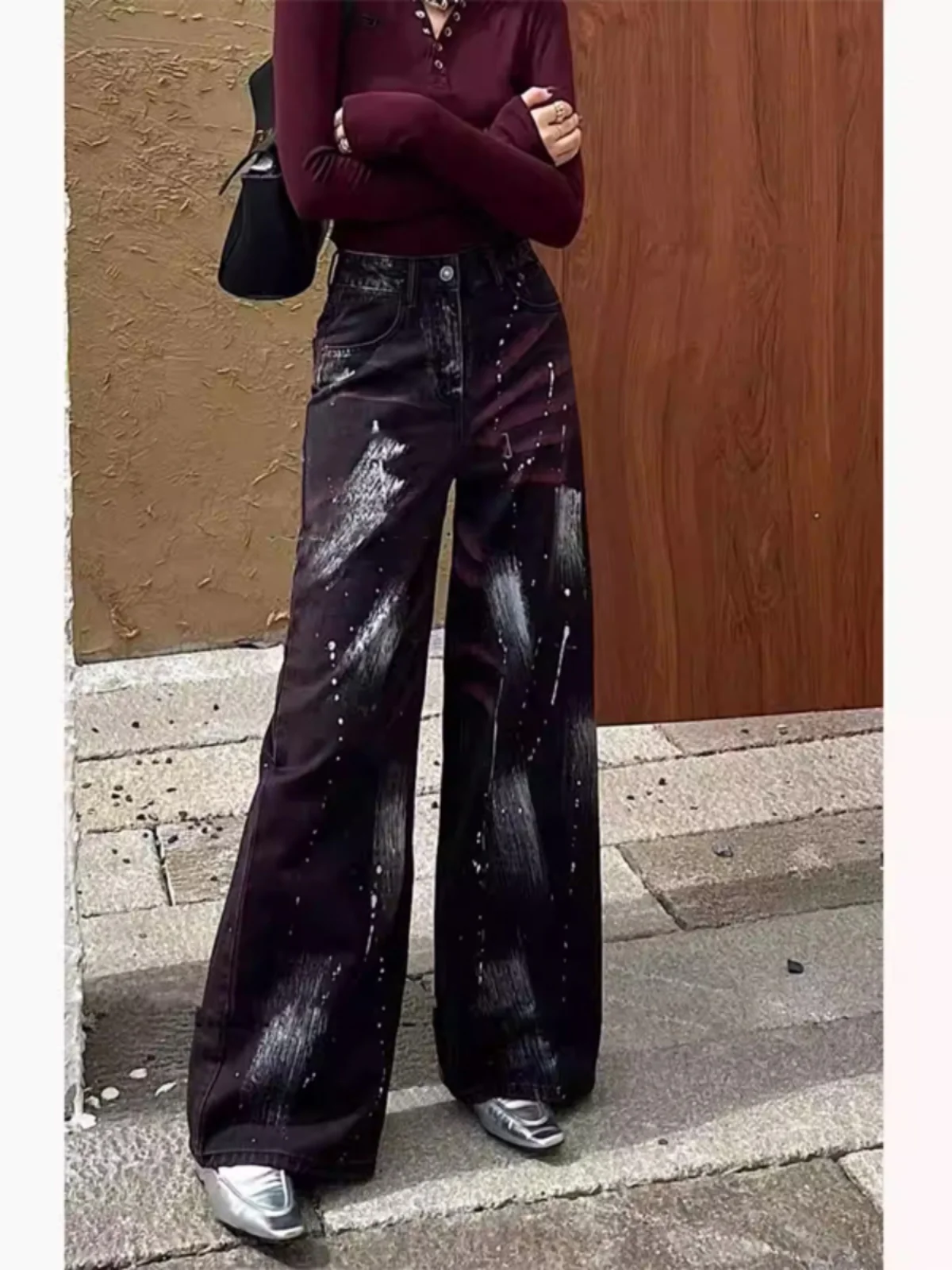 

Slimming High Waist Bla Wide Leg Pants Loose Fit Retro Paint Design American Sle Spring New Women's Jeans Anti-Bacterial