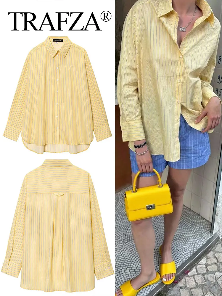 

TRAFZA Casual Woman Yellow Striped Shirts Long Sleeves Loose Single Breasted Blouses 2025 Spring Basic Women's New In Tops