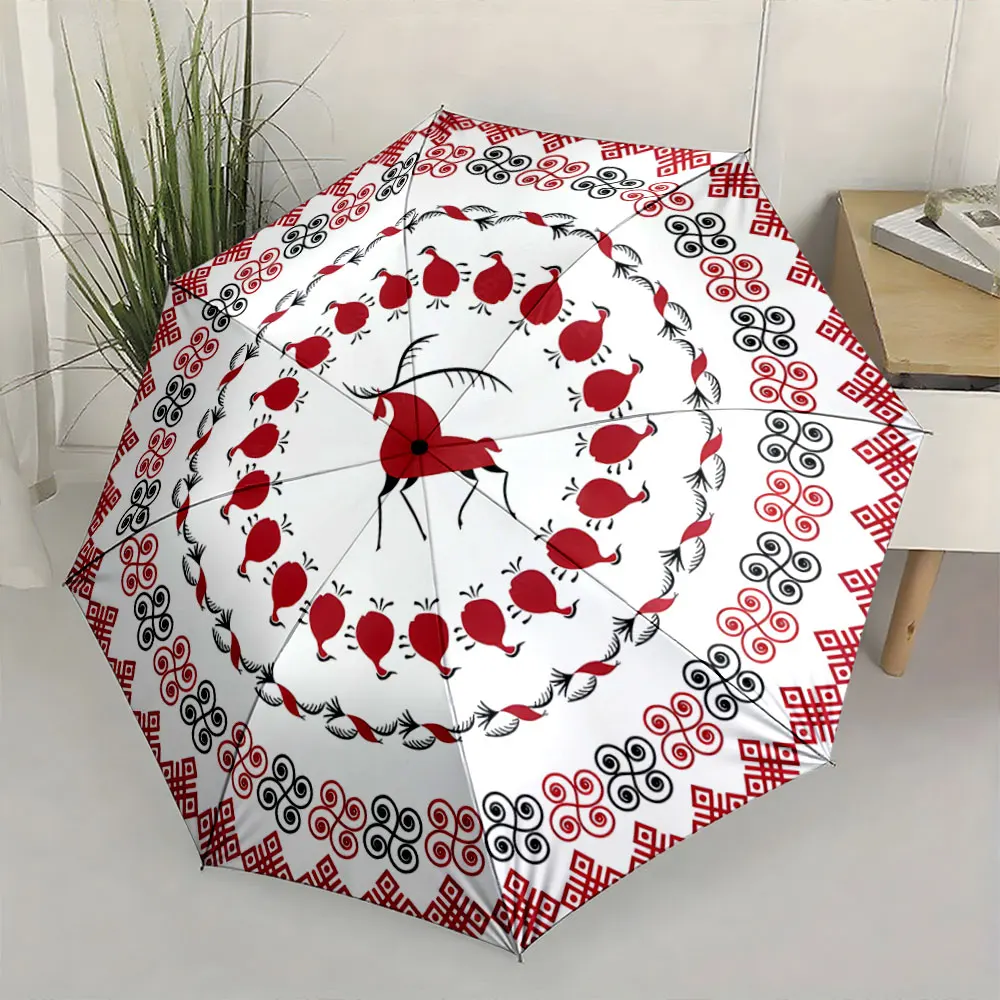 1PC Ethnic Style Umbrella with Red and Black Animal Patterns Print 8 Iron Ribs Folding Umbrella Auto-Open Fashion Sunshade