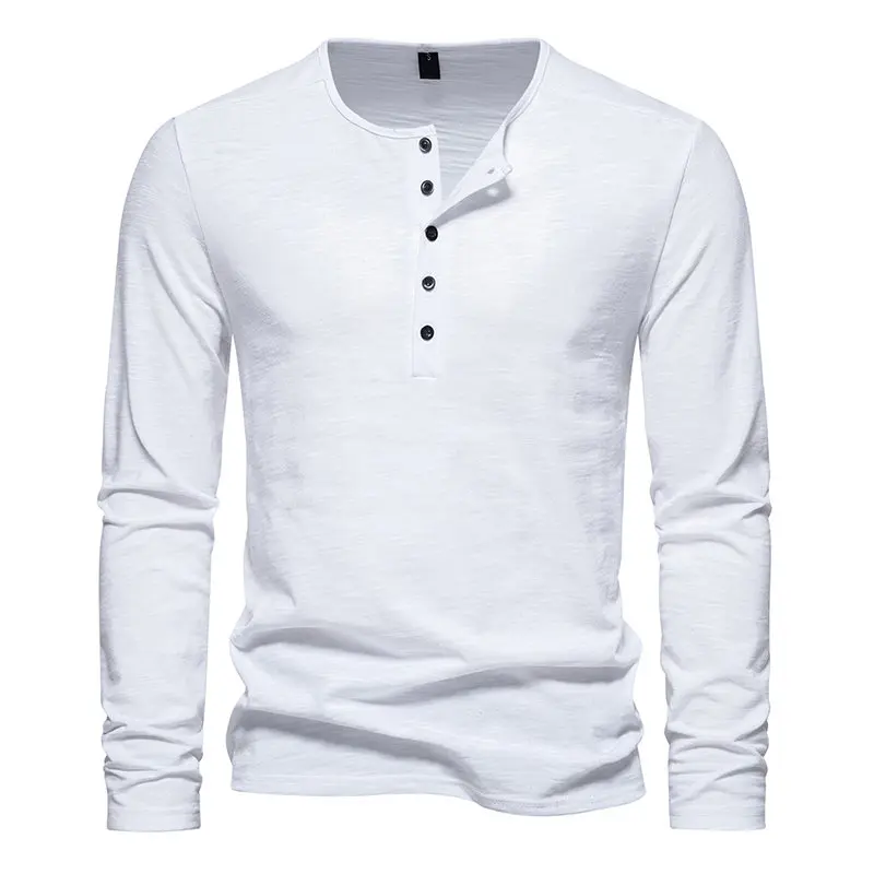 

New Henry Collar T Shirt Men Solid Color Casual Long Sleeve Tshirt For Men Spring Autumn Breathable Pullover Tops Tees Man