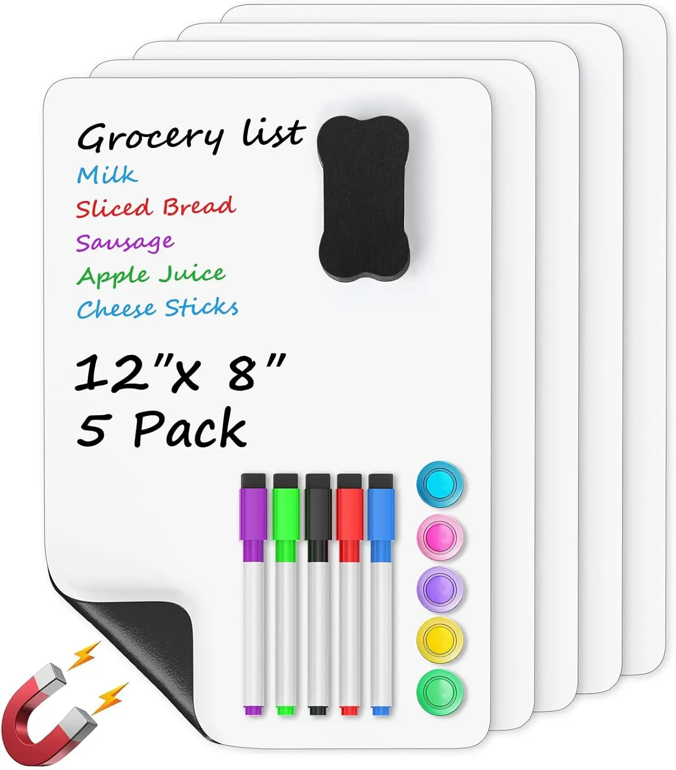 

5 Pack Magnetic Whiteboard Sheets for Fridge, 12x8 Inch Dry Erase Board with Markers, Magnets & Eraser