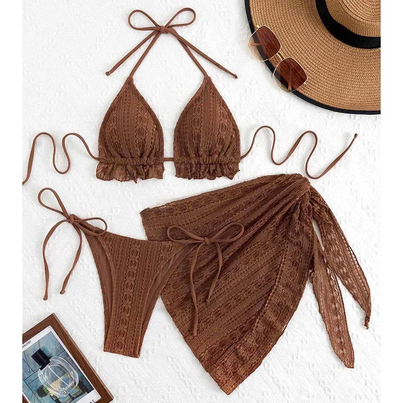 Sexy Bikini Set Bathing Suit Women Triangle Spliced Ruffles Halter Swimwear Push Up Bandage Cover Up Beachwear 3 Piece Swimsuit