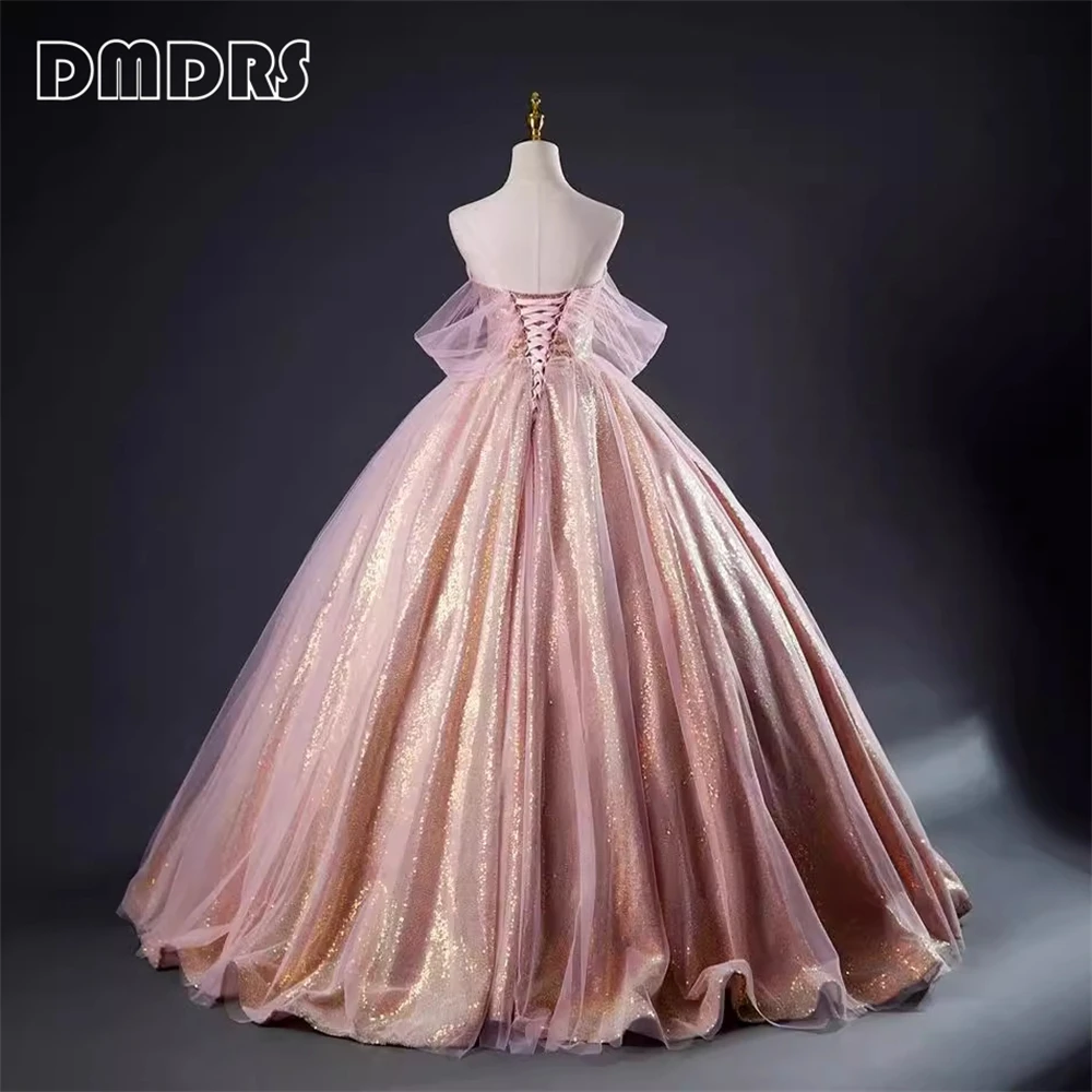 Pink Sequins Ball Gown Prom Dress with Tulle Off Shoulder Formal Dresses for Women Lace-up Back Sweet 15 16 Dresses Sparkle Gown