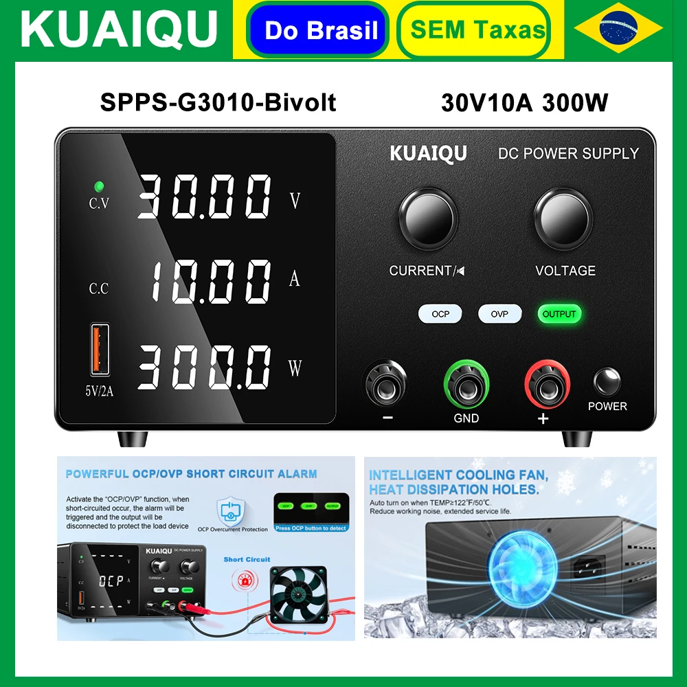 Fonte de bancada KUAIQU 30V 10A 300W fuente de alimentación regulable regulador de tensão OVP OCP fonte de alimentação ajustável com 5V2A USB Port Quick Charging SPPS-G3010-110V/220V fonte de alimentação ajustável