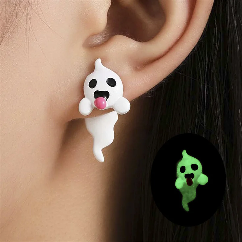 Halloween Cartoon Luminous Ghost Stud Earrings For Women Cute Tongue Popping Little Ghost Pumpkin Tassel Earrings Party Jewelry