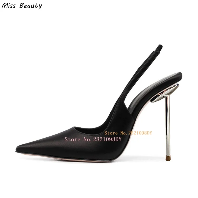 

Women's Black Leather Metal Pointy Toe Thin Heeled Shoes High Heel Sandals Woman Slingback Buckle Party Shoe