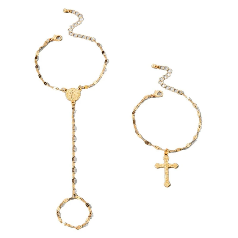 2-قطعة/مجموعة سلسلة ذهبية اللون عبر لوحة دائرية تمثال إصبع سوار ، إكسسوارات مجوهرات عصرية وعصرية للنساء #6