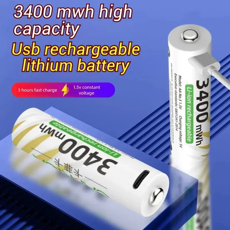 بطاريات ليثيوم أيون AAA وAA جديدة قابلة لإعادة الشحن USB ليثيوم أيون 3400mWh 1.5V AA بطاريات قابلة للشحن + بطارية 800mWh 1.5V AAA