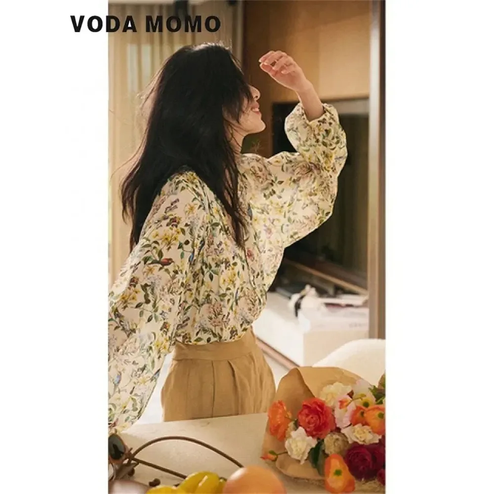 Summer Thin Soft Vintage French Style Floral Shirts for Women Loose Casual All-match Classic Fashion Femme Tender Minimalist