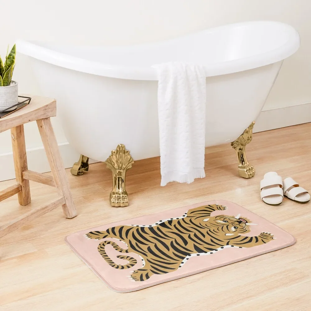 

Fierce | Tiger Print on Peachy Pink Bath Mat Bathroom Accessories Sets Luxury Bathroom Shower Curtain House Entrance Mat