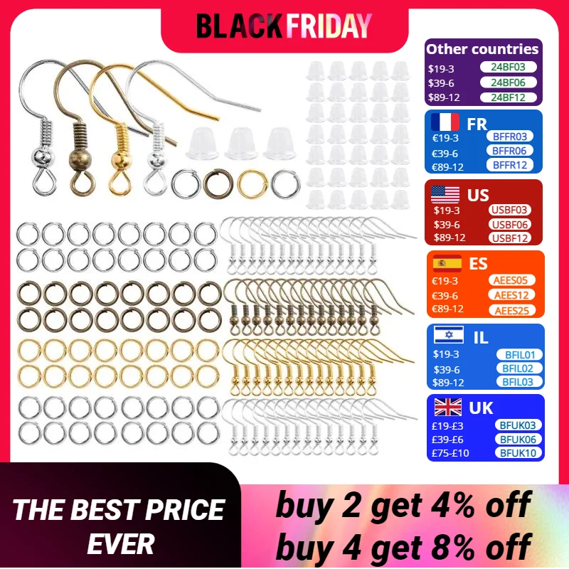 300Pcs Earrings Set Hypoallergenic Earring Hooks Jump Rings Clear Rubber Earring Backs For Jewelry Making Findings Accessories