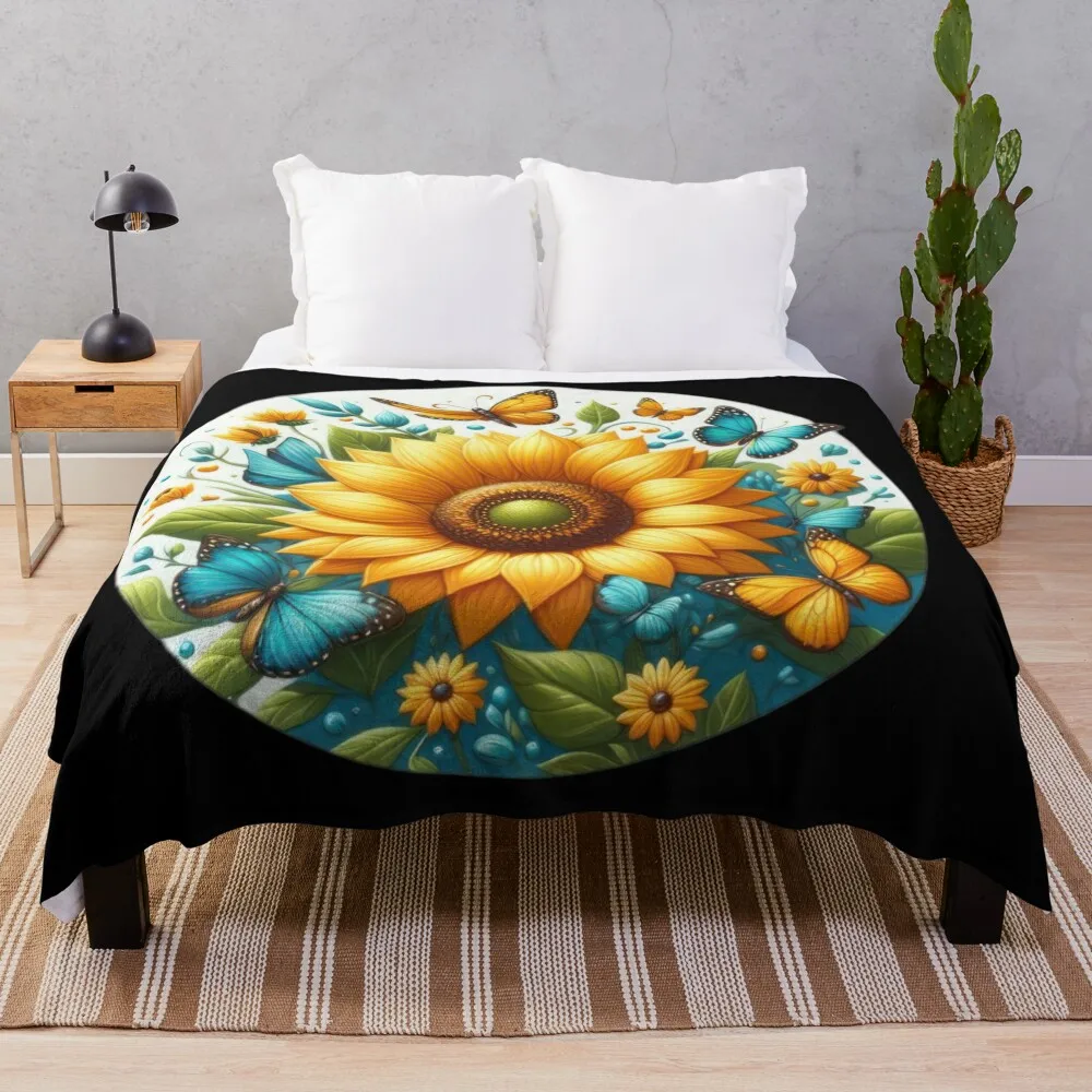 

sunflower with blue and yellow butterflies retro floral flowers Throw Blanket Beautifuls Moving Soft Beds Soft Blankets