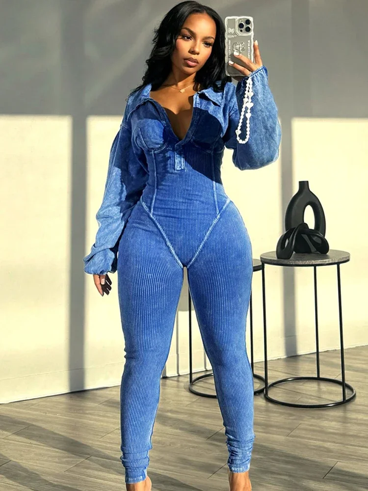 Washed Distressed Jumpsuit Women Ribbed V-Neck Solid SKinny Long Sleeve Fall Casual Trend Simple Activity Streetwear