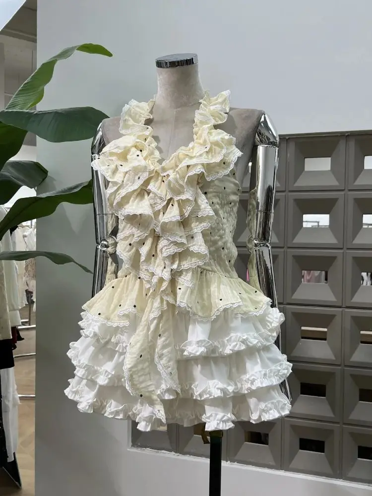 

Summer 2025 New Fashion Kawaii Sweet Style Girls Halter Neck Ruffle Blouse Tiered Cake Short Fashion Party Club Mini Set Skirt