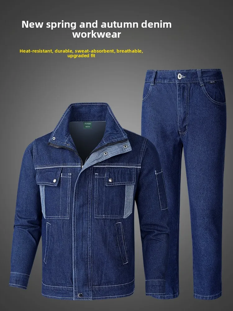 

Thiened Pure Cotton Men's Workwear Set Spring Autumn Denim Anti-Flame Anti-Scald Wear Resistant Welding Overalls