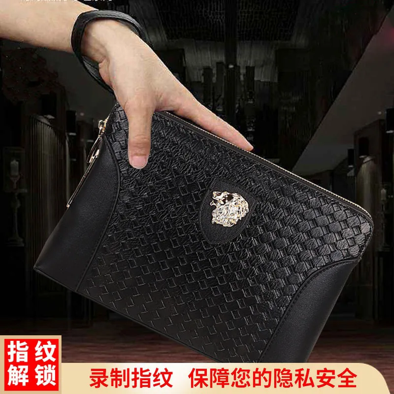 Lock Luxury Men Bag Large Capacity Business Men's Genuine Leather Handheld Luxury Woven Clutch Portable Fingerprint Unlock