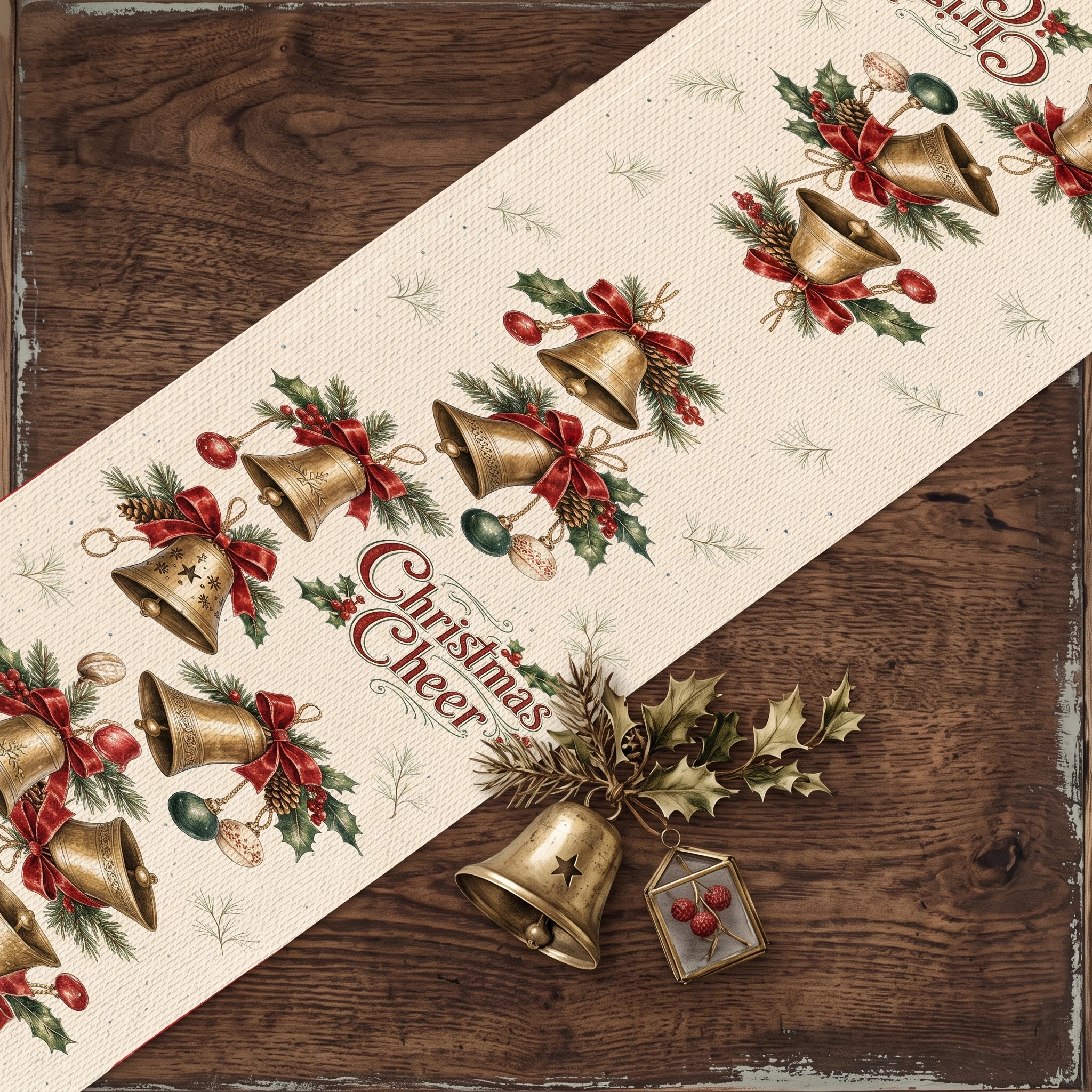 Seasonal Table Runner Evergreen Branch Print Winter Table Runner Christmas Cheer Table Runner Holly Berry Design For Christmas
