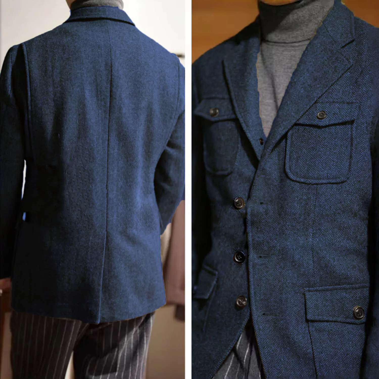 Heren Klassieke Visgraat Tweed Jachtblazer Wolmix Sportjas met Vier Zakken Drie Knoppen Jas Heren Smoking