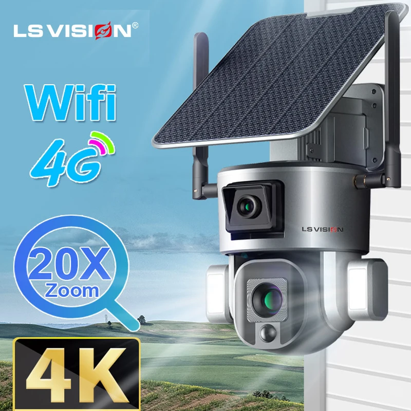 LS VISION 4K 20X Zoom 4G Solar Wireless Outdoor Security Camera, Dual-Screen WiFi IP Cam Night Vision Full Color Auto Tracking