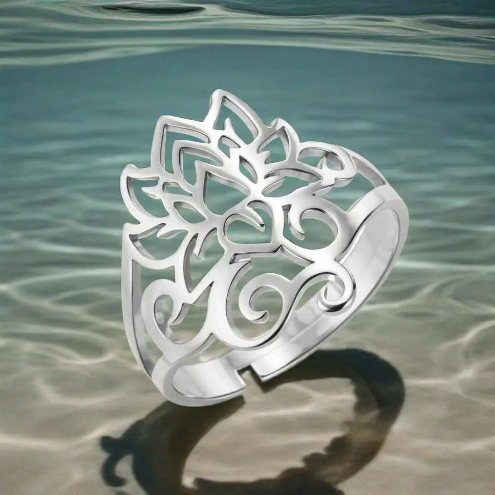 COOLTIME Adjustable Lotus Ring for Women Stainless Steel Stackable Boho Minimalist Spiritual Jewelry Wedding Gifts